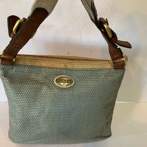 Fossil Crossbody Purse Leather and Coated Weave Design Teal Tan Beige almost new